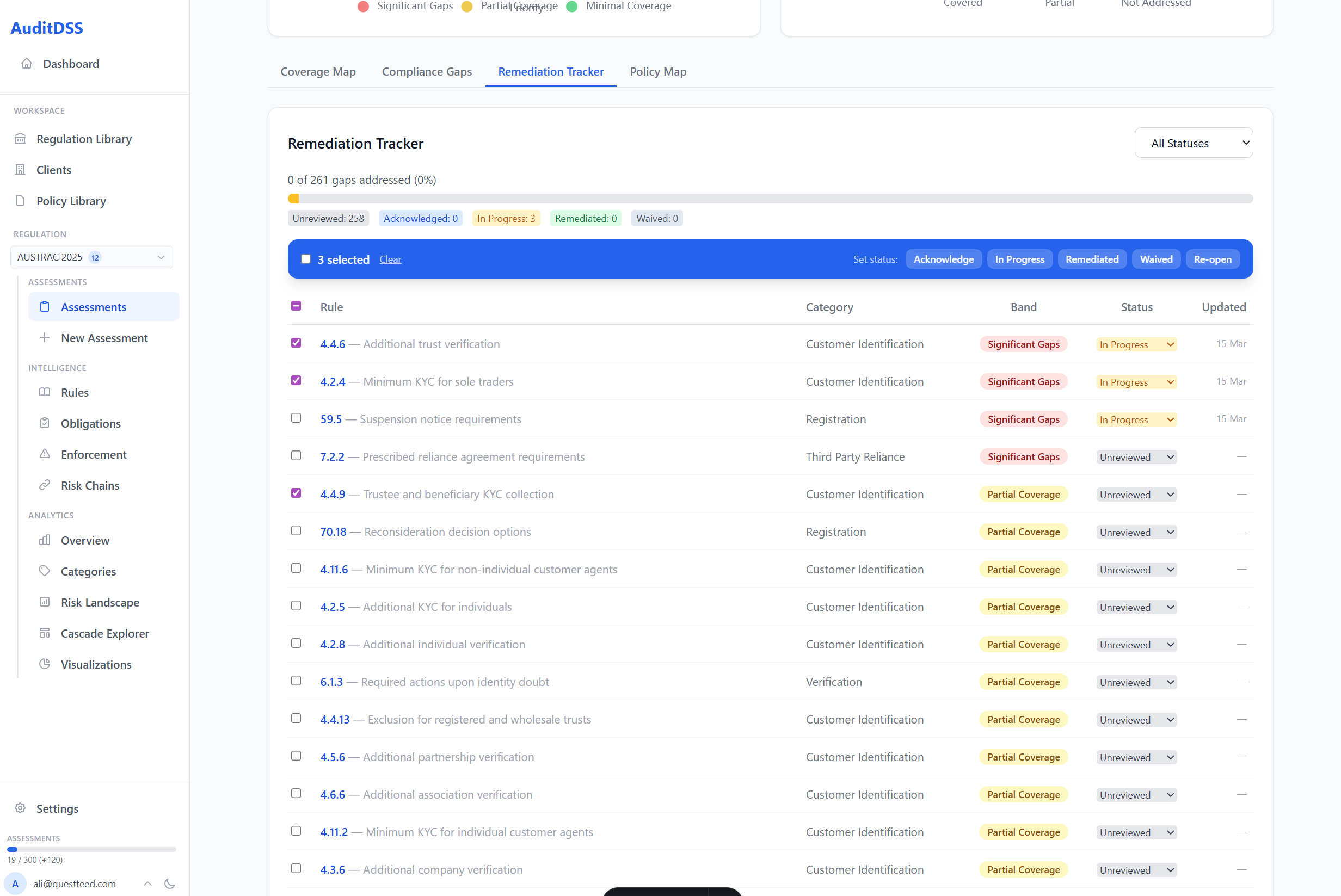Remediation Tracker — track gap closure with status workflows and progress