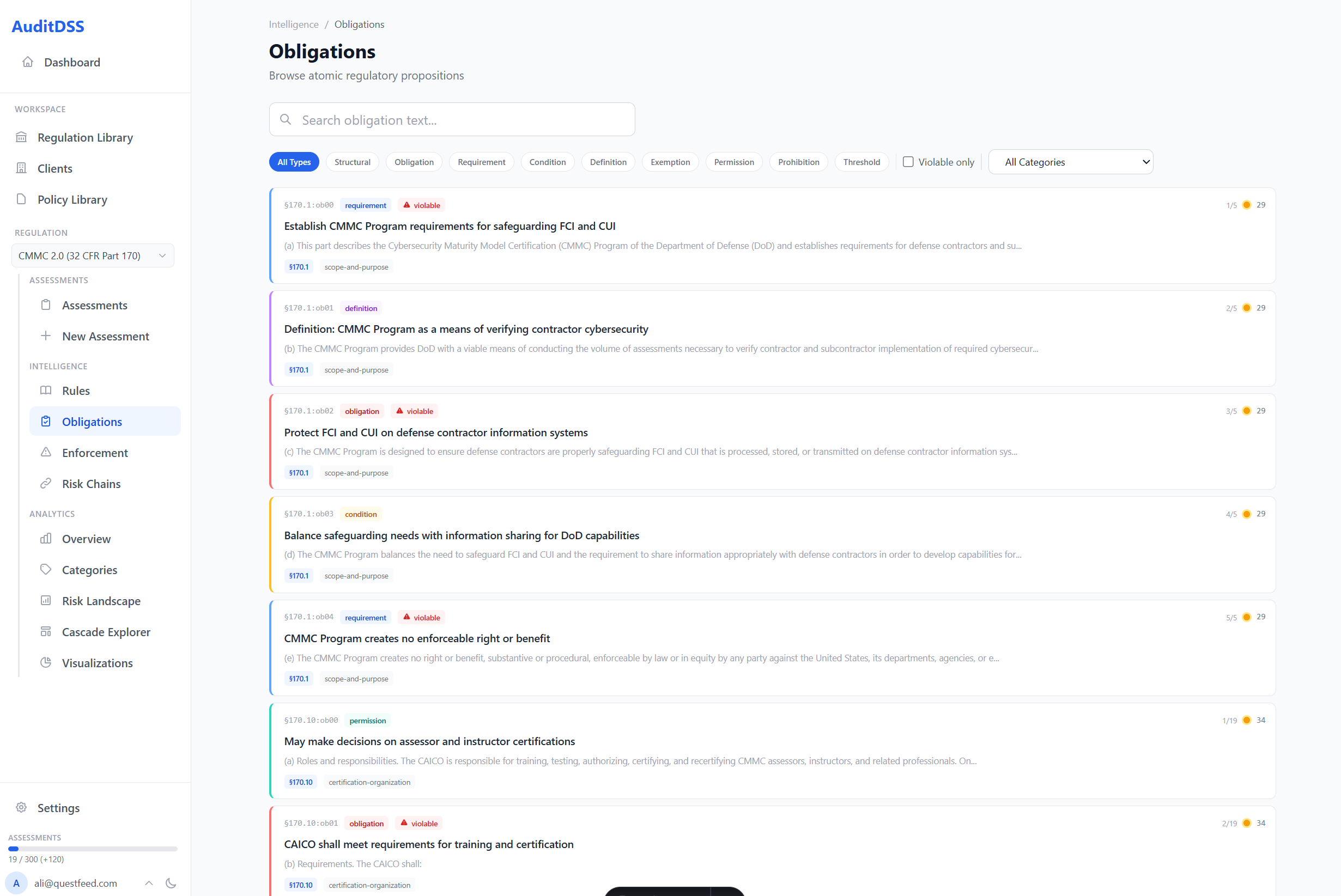 AuditDSS Obligations Browser — hierarchical obligation tree with risk scoring and dependency mapping